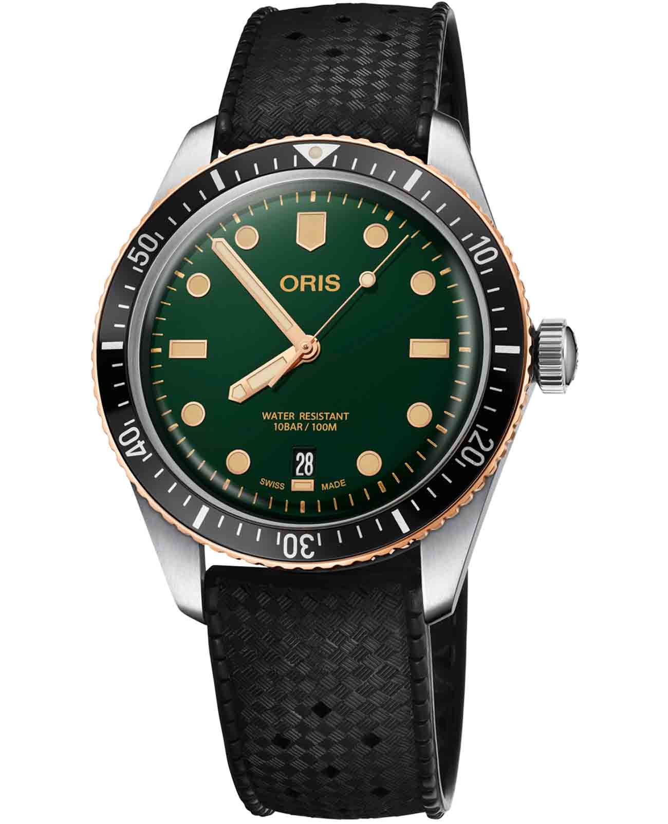 Oris Oris Divers Sixty-Five 01 733 7707 4357-07 4 20 18  01 733 7707 4357-07 4 20 18 механические мужские часы зеленый циферблат, браслет каучук — вид спереди
